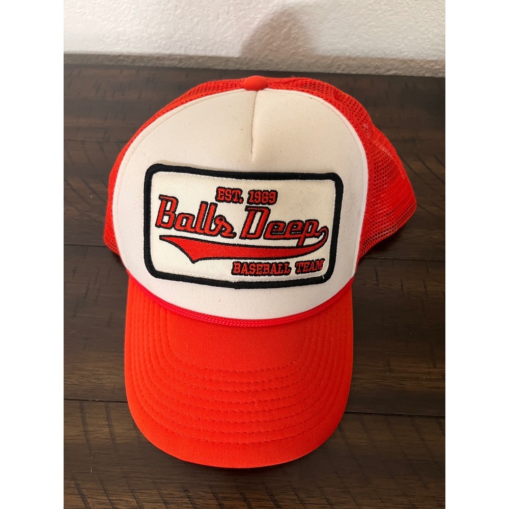 Spirit Halloween Balls Deep Baseball Team Red White Trucker Hat Snapback Cap